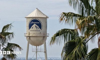 An aerial view of the Paramount logo is displayed on a water tower at the Paramount Studios lot in Los Angeles, California.