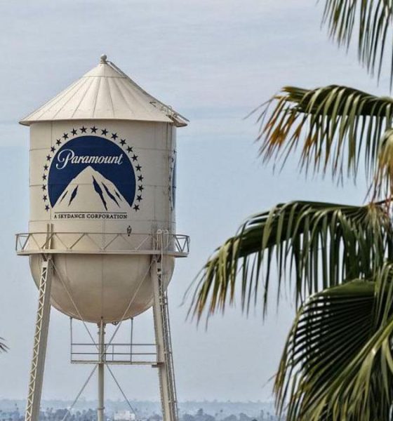 An aerial view of the Paramount logo is displayed on a water tower at the Paramount Studios lot in Los Angeles, California.