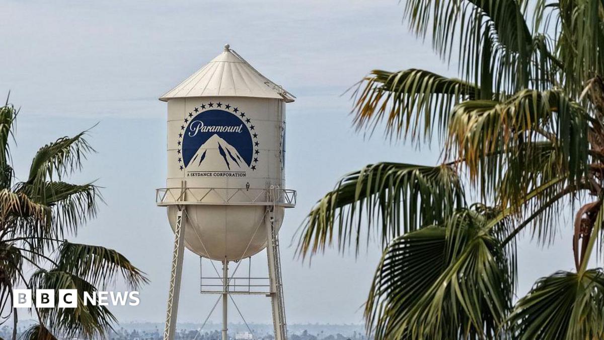 An aerial view of the Paramount logo is displayed on a water tower at the Paramount Studios lot in Los Angeles, California.