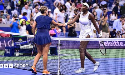 Sofia Kenin shakes hands with Venus Williams after winning their 2026 US Open first round match at Arthur Ashe Stadium in Flushing Meadows, New York City