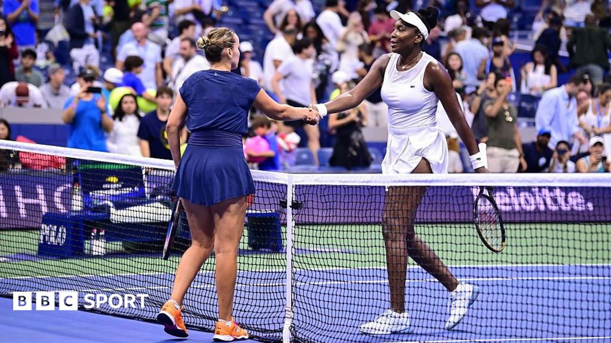 Sofia Kenin shakes hands with Venus Williams after winning their 2026 US Open first round match at Arthur Ashe Stadium in Flushing Meadows, New York City
