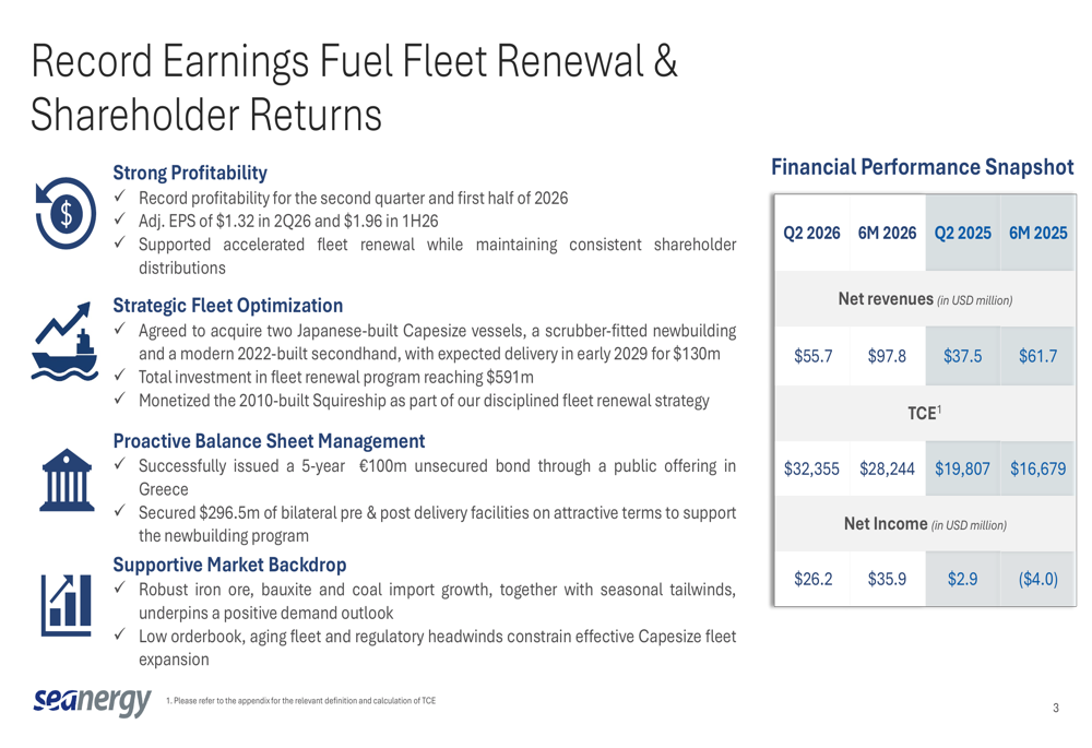 Seanergy Q2 2026 slides: record earnings fuel $591M fleet renewal