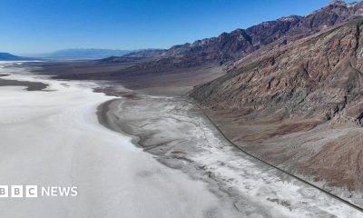 A view of Badwater Basin, a surreal salt flat, the lowest point in North America during extreme heat wave in Death Valley National Park of California, United States on August 2, 2026
