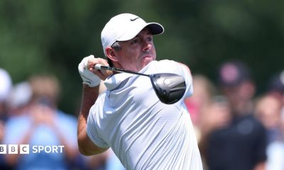 Rory McIlroy at the end of his swing