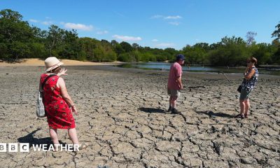 Three people standing on cracked earth of a dried out mud bed of Hollow Pond in East London on 11th August 2026