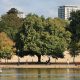 People walk, run and cycle through the parched park lands of Hyde Park during the drought in central London.