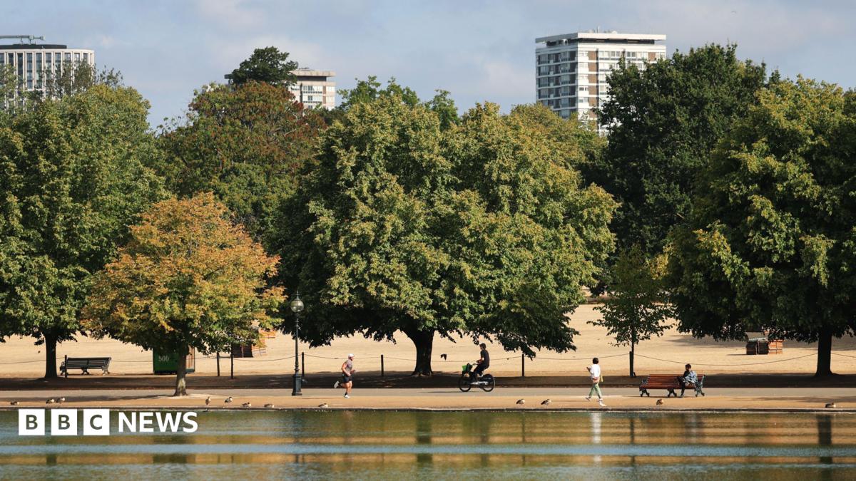 People walk, run and cycle through the parched park lands of Hyde Park during the drought in central London.