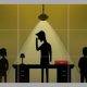 A screenshot from the game No 10: Full Confidence. It shows five silhouettes with one in the centre with their hand to their head, underneath a light and in front of a table with a red box. Two silhouettes are either side, one with a microphone, another filming them.