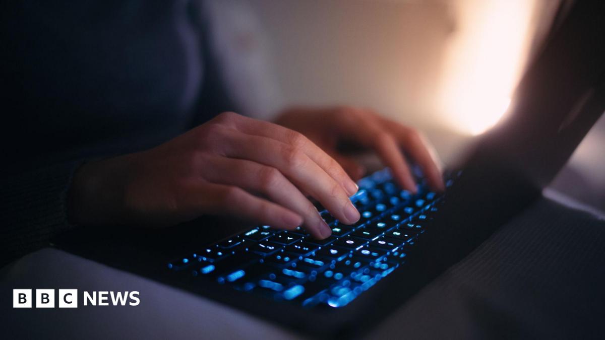 Close-up hands of female using laptop in bed at night