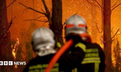 Two firefighters direct a hose at a burning forest around 30km from Bordeaux, on July 26, 2026.