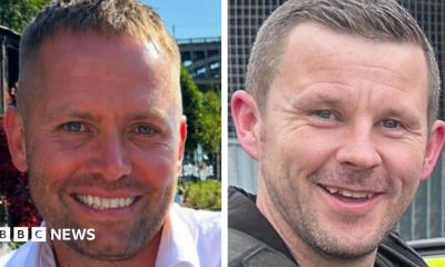 Pictures of the two officers. Both are smiling. PC Blades has smart stubble and short fair hair. PC Clough also has stubble and short dark hair.