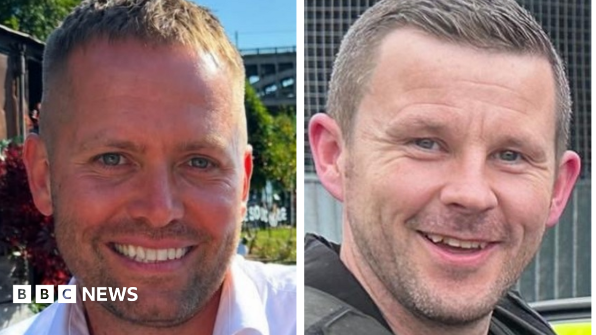 Pictures of the two officers. Both are smiling. PC Blades has smart stubble and short fair hair. PC Clough also has stubble and short dark hair.