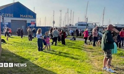 A crowd of people stands on a grassy area beside Clyde Marina, with yachts and sailboat masts visible behind a fence in the background. A large blue building marked “CLYDE MARINA” stands to the left, while people gather along the roadside and waterfront under bright sunshine. A speed limit sign and several parked vehicles are visible near the marina entrance.