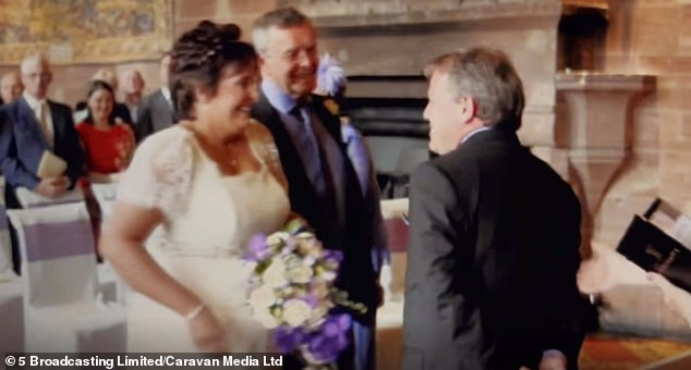 Paula Leeson pictured at her lavish 2014 wedding to Donald McPherson (right) at Peckforton Castle in Cheshire in footage uncovered by Channel 5 documentary The Drowning of Paula Leeson - unaware that he is a convicted fraudster who has already secretly taken out £2.5million in life insurance policies