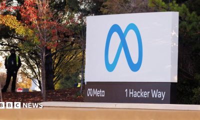 The blue Meta logo, which looks like an infinity sign, outside Meta's HQ
