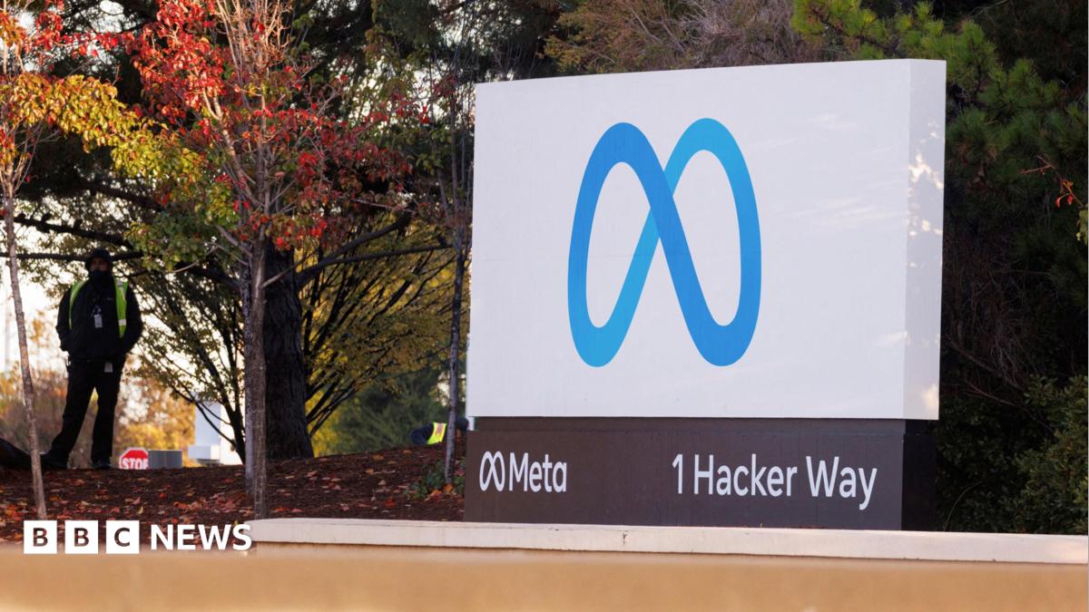 The blue Meta logo, which looks like an infinity sign, outside Meta's HQ