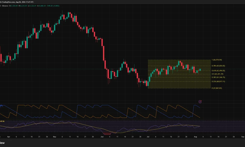Bitcoin price daily chart shows BTC holding above $63,496, with resistance near $65,026 and RSI at 50.