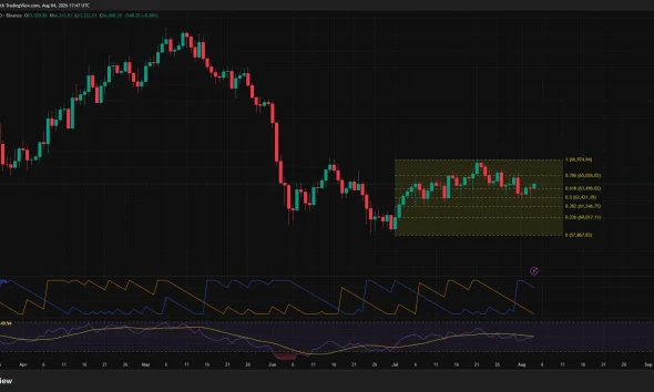 Bitcoin price daily chart shows BTC holding above $63,496, with resistance near $65,026 and RSI at 50.