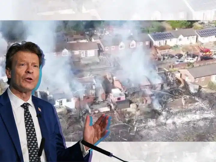 Richard Tice of Reform UK in front of an image of burning houses