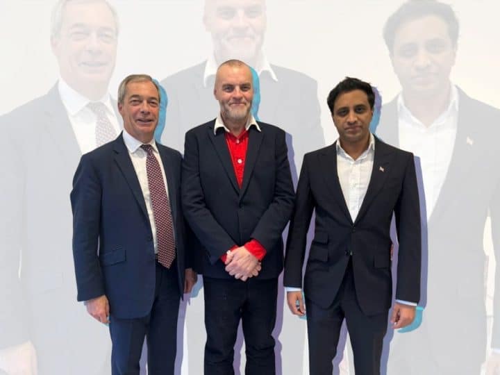 Nigel Farage, Tim Montgomerie, and Zia Yusuf of Reform UK
