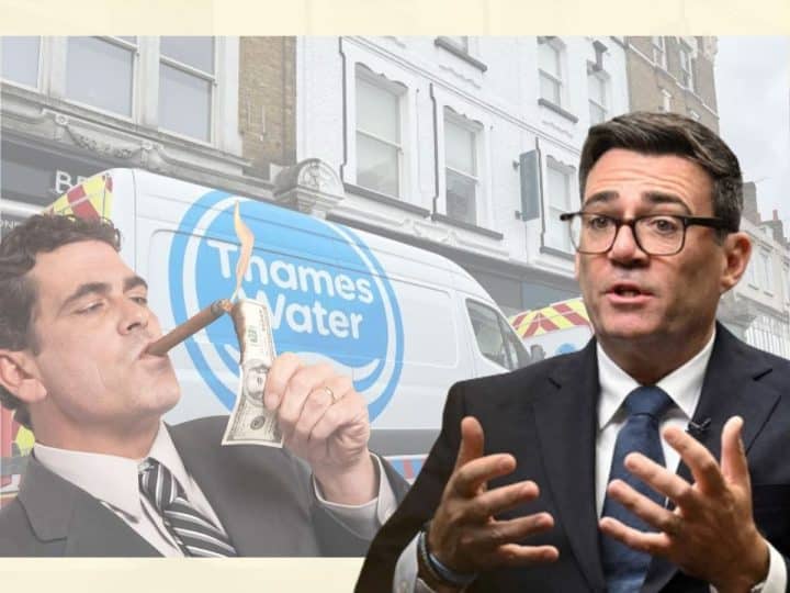 Andy Burnham of the Labour Party, a Thames Water van, and a rich man burning dollar bills to light a cigar