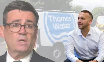 Andy Burnham of the Labour Party, Zack Polanski of the Green Party, and a Thames Water van
