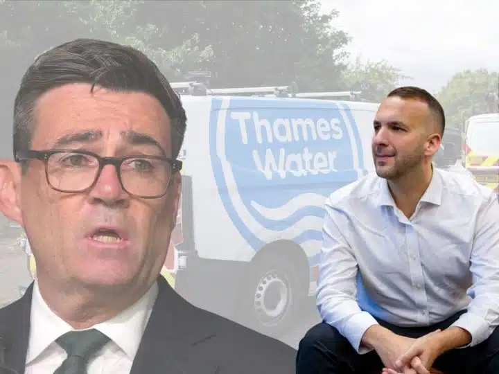 Andy Burnham of the Labour Party, Zack Polanski of the Green Party, and a Thames Water van