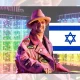 Boy George and the flag of Israel on one side with rainbow-coloured lights in the background of the image