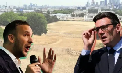 Separate images of Zack Polanski of the Green Party, Andy Burnham of the Labour Party, and a field with dead, brown grass in the background due to the droughts in the UK