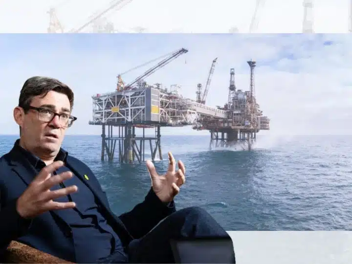 Andy Burnham of the Labour Party and a North Sea Oil rig