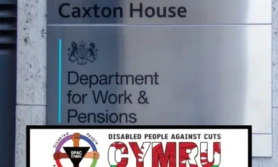 Composite image showing the logo of DPAC Cymru over the door plaque of the DWP