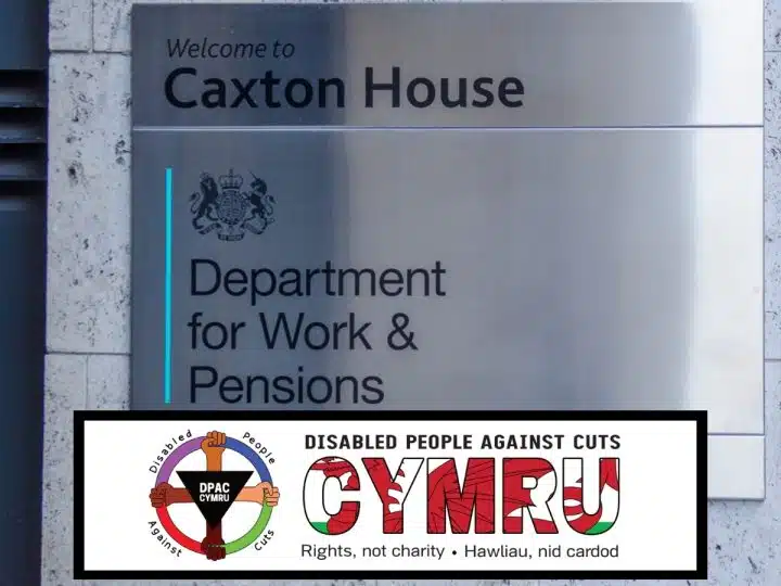 Composite image showing the logo of DPAC Cymru over the door plaque of the DWP