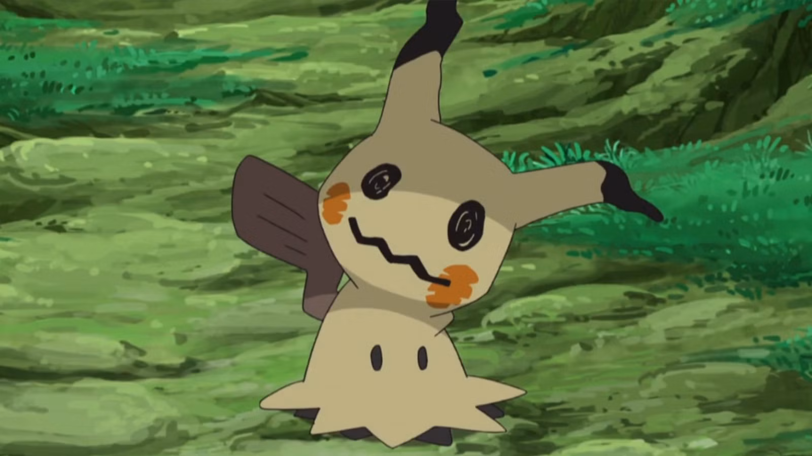 Mimikyu on the grass in the Pokémon anime