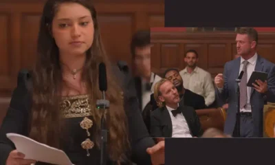 Screenshots from the YouTube video of the Oxford Union debate with Arwa Elrayess on the left and an inset photo of Tommy Robinson, suited and booted, speaking with Laurence Fox sat next to him in black tie