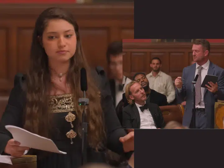 Screenshots from the YouTube video of the Oxford Union debate with Arwa Elrayess on the left and an inset photo of Tommy Robinson, suited and booted, speaking with Laurence Fox sat next to him in black tie
