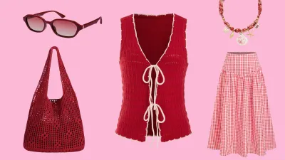 Sunglasses, tote, top, skirt and necklace