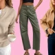 beige sweater, olive cargo pants and short trench coat