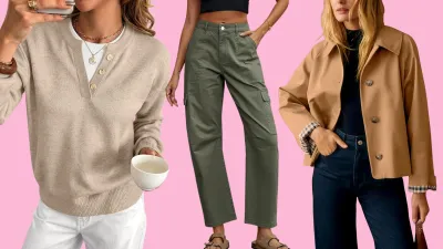 beige sweater, olive cargo pants and short trench coat