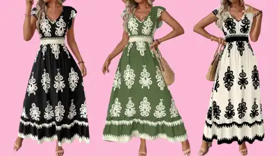 Printed V-Neck Ruffled Cap Sleeve Dress