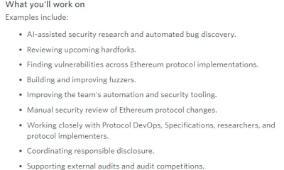 Ethereum Foundation job listing outlines AI-assisted security research, hard fork reviews, vulnerability discovery, fuzzing, and protocol audits.