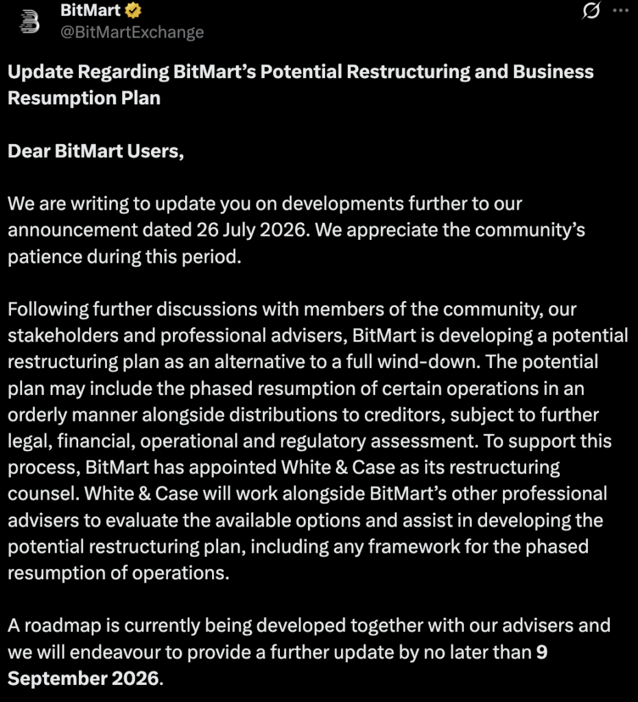 BitMart suggests restructuring weeks after closure announcement