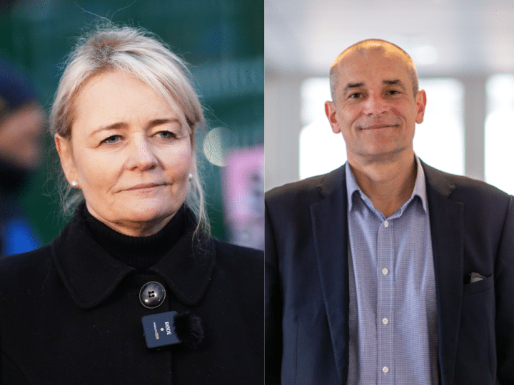 Headshots of Sharon Graham and Simon Dubbins side by side