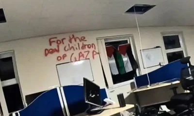 Ultra I&C Aberdeen office - image shows damage and graffiti reading For The Dead Children Of Gaza