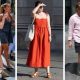 Three vertical photos, from left a woman wearing a white mini dress, a woman wearing an orange strappy maxi dress and men wearing shorts and shirts all walking in the street in London