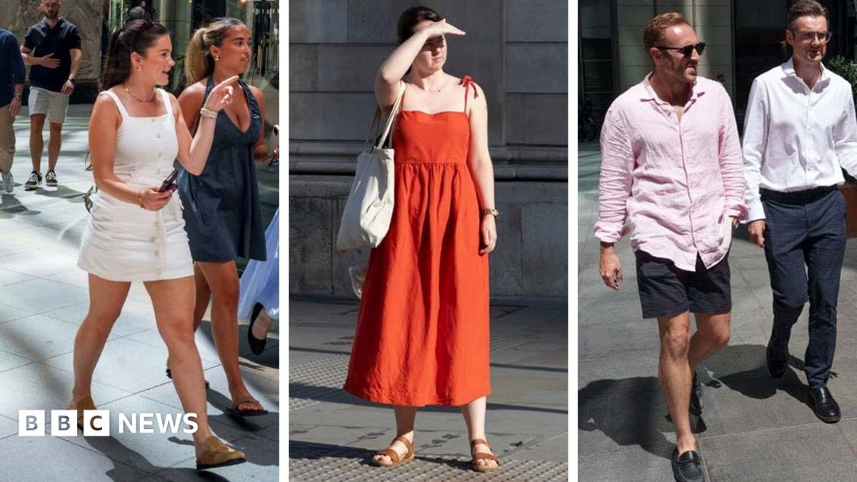 Three vertical photos, from left a woman wearing a white mini dress, a woman wearing an orange strappy maxi dress and men wearing shorts and shirts all walking in the street in London