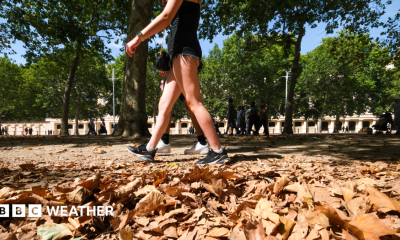 A woman in shorts and trainers walks through fallen leaves amid a UK heatwave