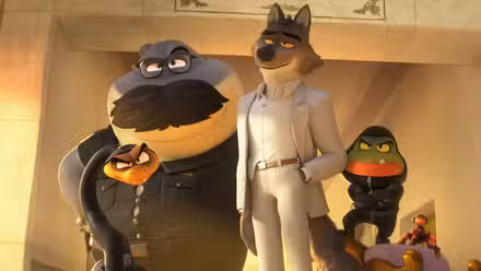 Mr. Shark. Ms. Tarantula, Mr. Snake. Mr. Wolf, and Mr. Piranha entering a room in The Bad Guys 2.