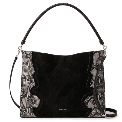 black bag featuring curved, Western-inspired panel details snake-embossed leather