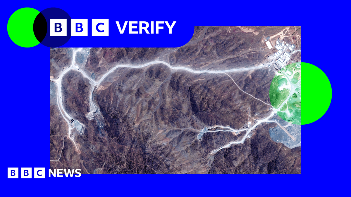 A satellite image showing access roads leading to tunnel entrances at Iran's Pickaxe Mountain