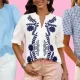 blue, blue and white and striped blue top